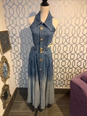 Washed Blue Denim Halter Maxi Dress with Gold Buttons